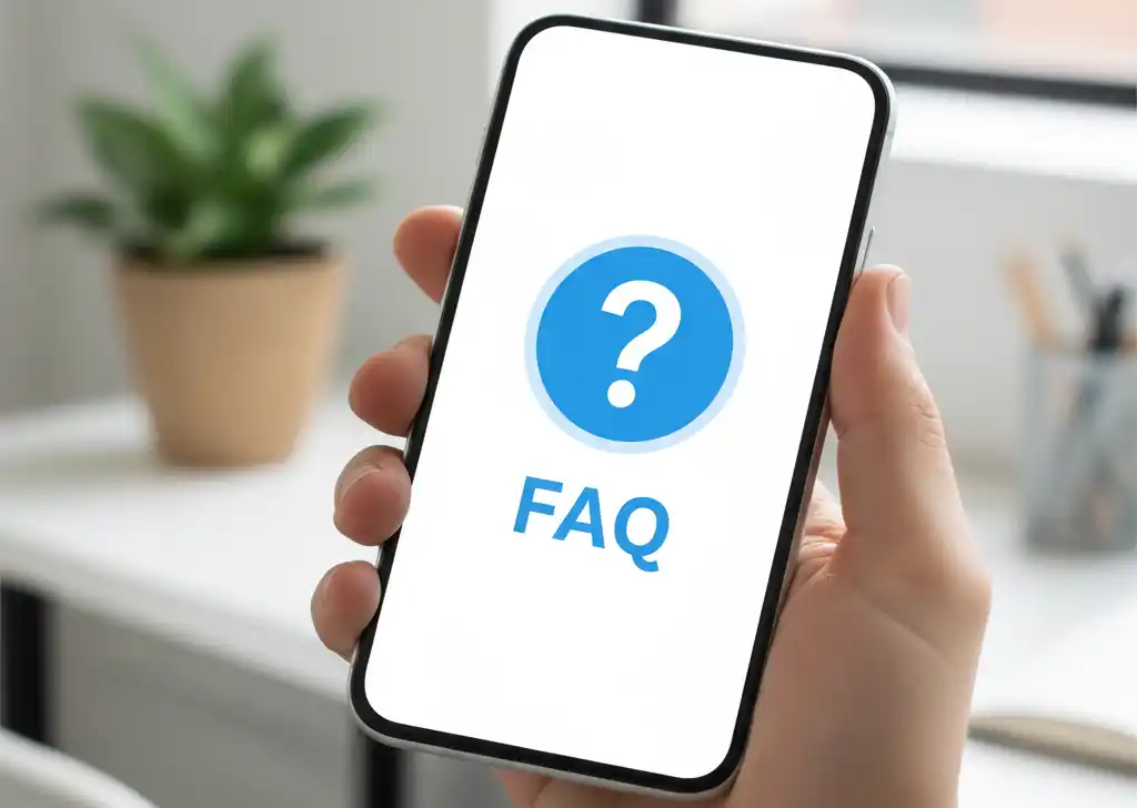 Hand, die Smartphone hält mit eingeblendetem FAQ-Symbol