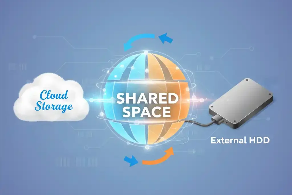 Illustration eines Cloud-Speichers und einer externen Festplatte mit freigegebenem Speicherplatz