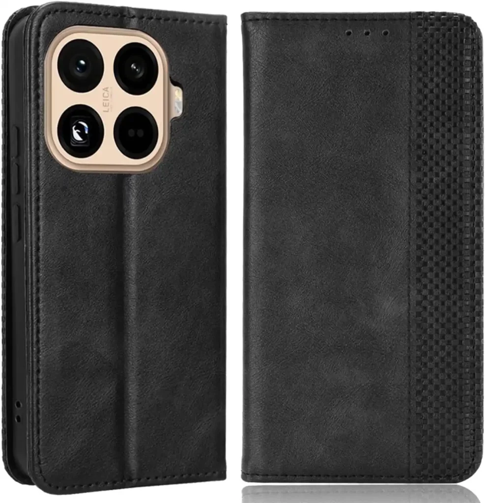 BORYA Lederhülle für Xiaomi 15T Pro, Premium PU + TPU Bumper Handyhülle, stoßfeste, weiche, ultradünne Silikon-Schutzhülle mit Kartenfach und Ständer, Schwarz