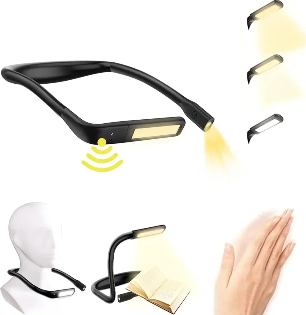 Nackenleselampe LED-Buchlampe Bewegungssensor 3 Farben 80 Stunden Dauer Kontinuierlich dimmbar 1800 mAh wiederaufladbar Biegbare Arme Leselampe Nackenlampe