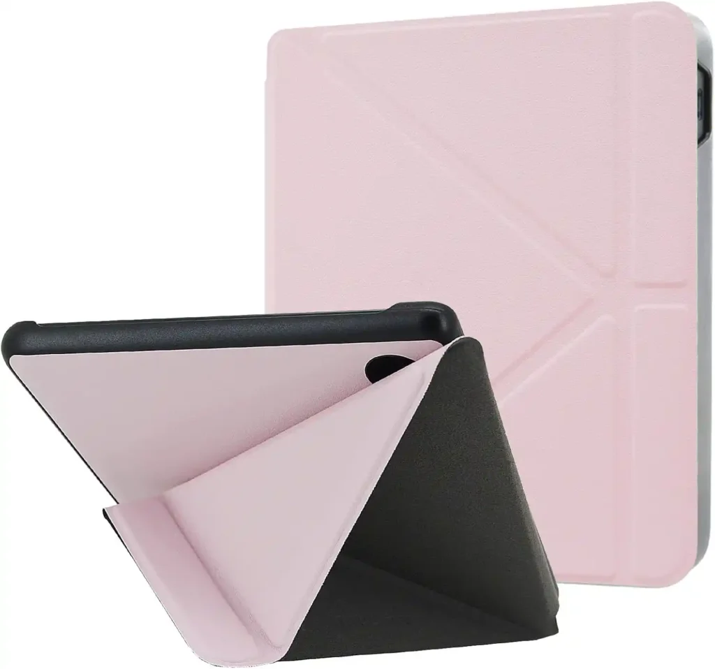 DMLuna Hülle für Tolino Vision Colour 2024, Kobo Libra Colour (2024) – Schutzhülle mit automatischer Schlaf-/Weckfunktion, Origami-Ständer (2-Wege), PU-Leder, passgenau und stoßfest – Hellrosa