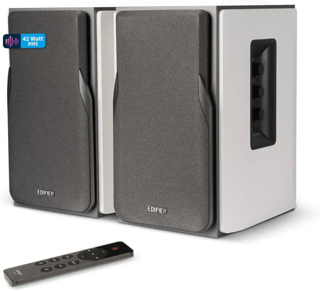EDIFIER Studio R1380DB 2.0 42 Watt Bluetooth 5.1 (aptX) Regallautsprechersystem mit Infrarot-Fernbedienung und seitlichen Bedienelementen für Bass, Höhen und Lautstärke. Ideal für Fernseher, PC, Smartphone etc.
