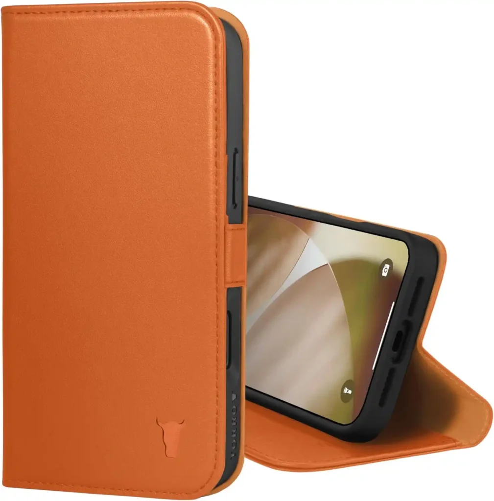 TORRO Schutzhülle für iPhone 17 Pro Max (6,9 Zoll) – Echtlederhülle mit Standfunktion und Kartenfächern (kompatibel mit offiziellen MagSafe-Ladegeräten) – Orange
