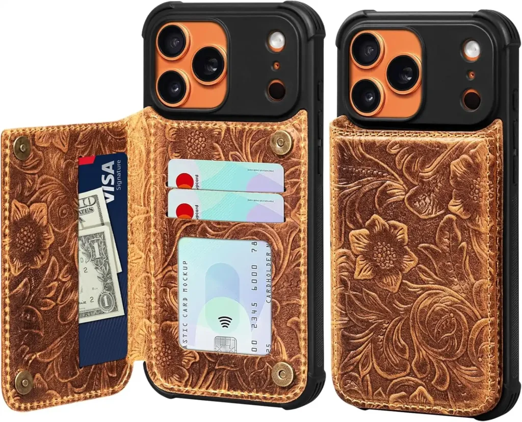 RMAWRAD Echtlederhülle, kompatibel mit iPhone 6,9 ​​Zoll, stoßfeste Anti-Fall-Klapphülle aus echtem Leder mit Kartenfach, doppeltem Magnetverschluss und Aufstellfunktion, strapazierfähig, braun