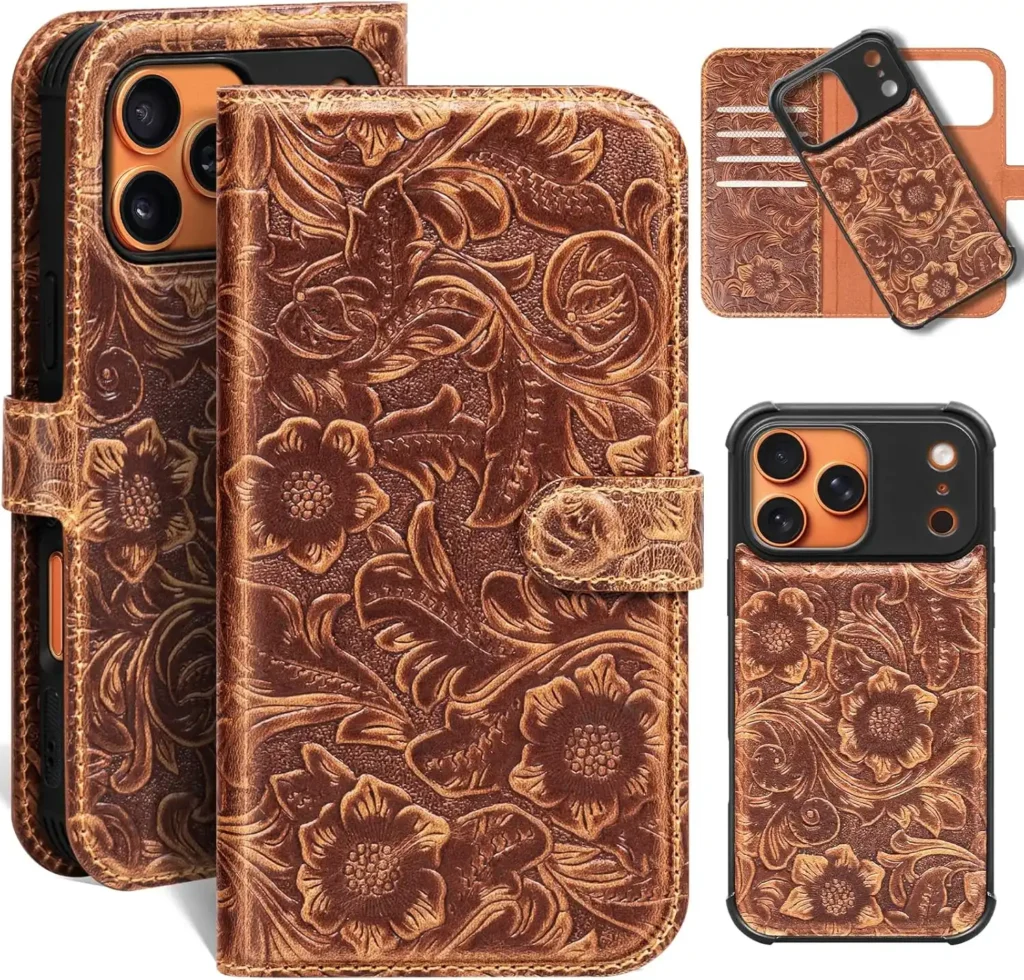 RMAWRAD Lederhülle kompatibel mit iPhone 17 Pro Max (6,9 Zoll), Echtleder, 2-in-1-Klapphülle mit Magnetverschluss, abnehmbar, stoßfest, mit Kartenfach, kabellosem Laden und RFID-Blockierung