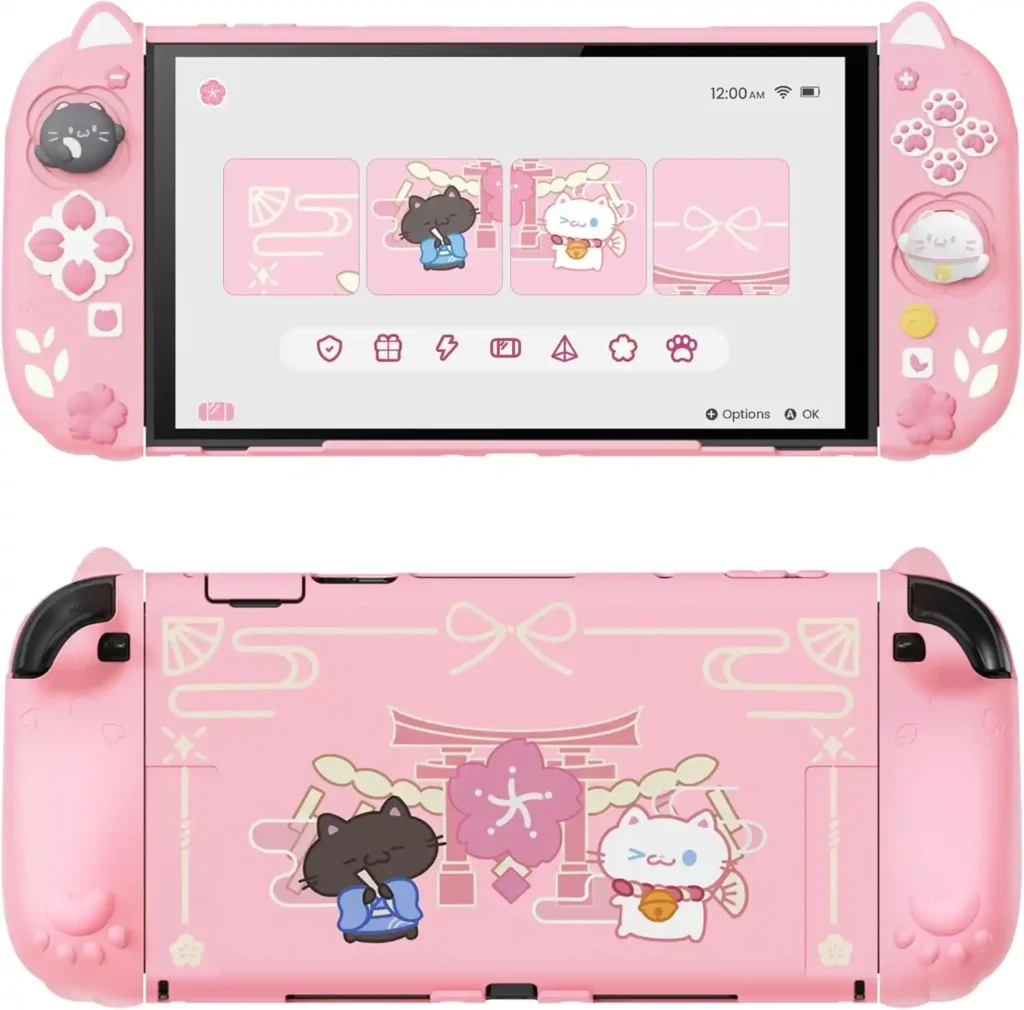 PlayVital Nintendo Switch 2 Hülle, Silikon-Griffhülle & ansteckbare niedliche Cartoon-Hülle für Switch 2, kratzfest & stoßsichere Katzen Joy-Con-Hülle & -Caps & Ständer, Kirschblüten-Kätzchen, Pink